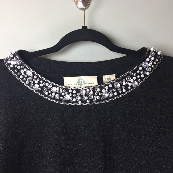 Design Options Rhinestone Pearl Bead Metallic Shimmer Knit Black Sweater Small - Picture 4 of 11